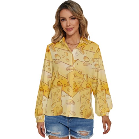 Cheese-slices-seamless-pattern-cartoon-style Women s Long Sleeve Button Down Shirt by Pakemis