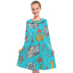 Colored-sketched-sea-elements-pattern-background-sea-life-animals-illustration Kids  Midi Sailor Dress