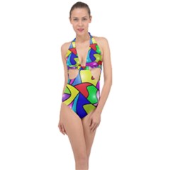 Colorful Abstract Art Halter Front Plunge Swimsuit by gasi