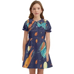 Space Galaxy Planet Universe Stars Night Fantasy Kids  Bow Tie Puff Sleeve Dress