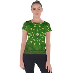 Lotus Bloom In Gold And A Green Peaceful Surrounding Environment Short Sleeve Sports Top  by pepitasart