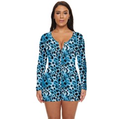 Blue Leopard Long Sleeve Boyleg Swimsuit