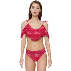 Red Textured Wall Ruffle Edge Tie Up Bikini Set	