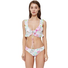 Flowers T- Shirt Batik Flower  Pattern T- Shirt Low Cut Ruffle Edge Bikini Set