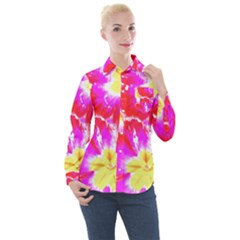 Pink T- Shirt Pink, Red Flowers Women s Long Sleeve Pocket Shirt