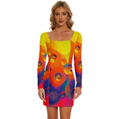 Colorfull Pattern Long Sleeve Square Neck Bodycon Velour Dress