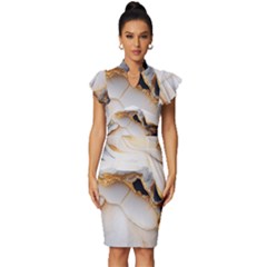 Marble Stone Abstract Gold White Color Colorful Vintage Frill Sleeve V-neck Bodycon Dress by Pakemis