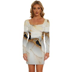 Marble Stone Abstract Gold White Color Colorful Long Sleeve Square Neck Bodycon Velour Dress by Pakemis