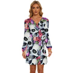 Floral Skeletons Long Sleeve Waist Tie Ruffle Velour Dress