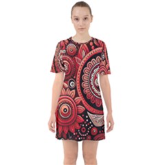 Bohemian Vibes In Vibrant Red Sixties Short Sleeve Mini Dress by HWDesign