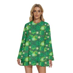 Leaf Clover Star Glitter Seamless Round Neck Long Sleeve Bohemian Style Chiffon Mini Dress by Pakemis