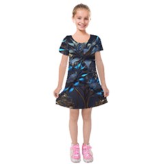 Flower Metal Flowers Sculpture Kids  Short Sleeve Velvet Dress by Ravend