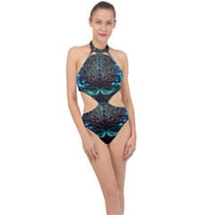 Brain Mind Technology Circuit Board Layout Patterns Halter Side Cut Swimsuit by Uceng