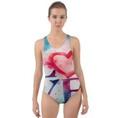 Valentines Day Heart Watercolor Background Cut-out Back One Piece Swimsuit