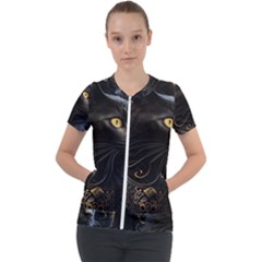 Ai Generated Cat Moon Feline Cute Short Sleeve Zip Up Jacket by Ravend