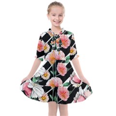 Exotic Watercolor Botanical Flowers Pattern Kids  All Frills Chiffon Dress