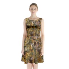 Rusty Orange Abstract Surface Sleeveless Waist Tie Chiffon Dress by dflcprintsclothing