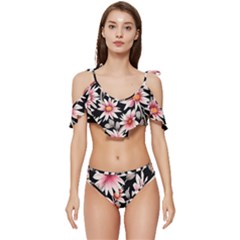 Charming And Celestial Watercolor Flowers Ruffle Edge Tie Up Bikini Set	