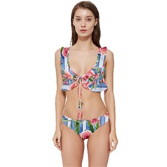 Chic Watercolor Flowers Low Cut Ruffle Edge Bikini Set