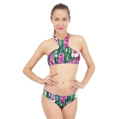 Attractive Watercolor Flowers High Neck Bikini Set