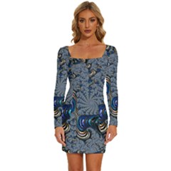 Fractal Background Pattern Texture Abstract Design Pattern Long Sleeve Square Neck Bodycon Velvet Dress