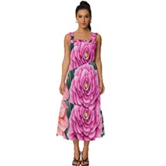 Color-infused Watercolor Flowers Square Neckline Tiered Midi Dress by GardenOfOphir