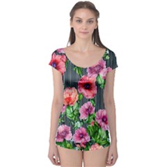 Vintage Botanic Flowers In A Watercolor Boyleg Leotard 