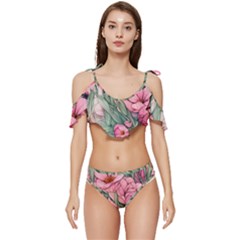 Nature-inspired Flowers Ruffle Edge Tie Up Bikini Set	