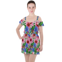 Exotic Tropical Flowers Ruffle Cut Out Chiffon Playsuit