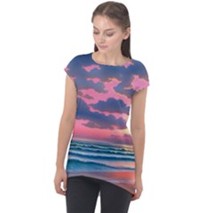 Sunset Over The Beach Cap Sleeve High Low Top by GardenOfOphir