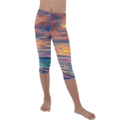 Serene Sunset Over Beach Kids  Lightweight Velour Capri Leggings  by GardenOfOphir