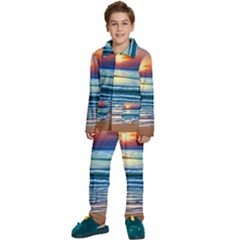 Sunset Beach Waves Kids  Long Sleeve Velvet Pajamas Set by GardenOfOphir