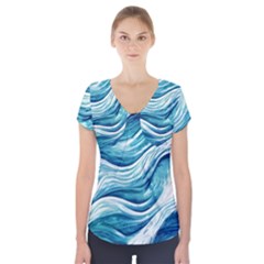 Abstract Blue Ocean Waves Short Sleeve Front Detail Top by GardenOfOphir