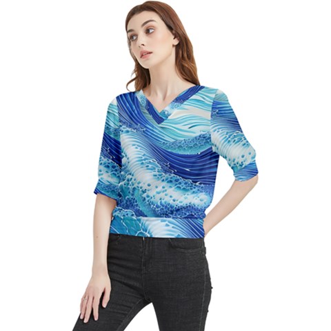 Water Waves Quarter Sleeve Blouse by GardenOfOphir