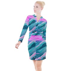 Pink Ocean Waves Button Long Sleeve Dress by GardenOfOphir