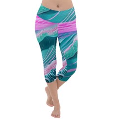 Pink Ocean Waves Lightweight Velour Capri Yoga Leggings by GardenOfOphir