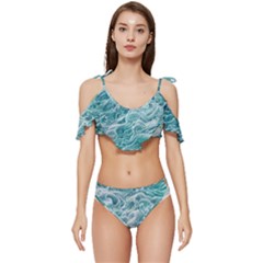 Nature Ocean Waves Ruffle Edge Tie Up Bikini Set	