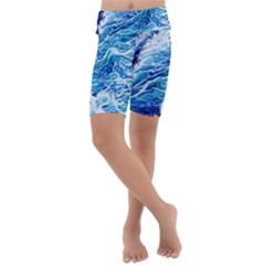 Abstract Blue Wave Kids  Lightweight Velour Cropped Yoga Leggings by GardenOfOphir