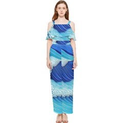 Waves Blue Ocean Draped Sleeveless Chiffon Jumpsuit by GardenOfOphir