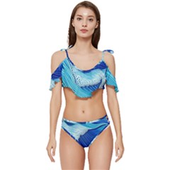 Waves Blue Ocean Ruffle Edge Tie Up Bikini Set	