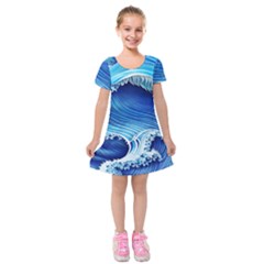 Watercolor Wave Kids  Short Sleeve Velvet Dress by GardenOfOphir