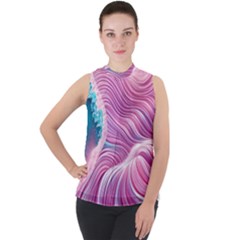 Pink Water Waves Mock Neck Chiffon Sleeveless Top