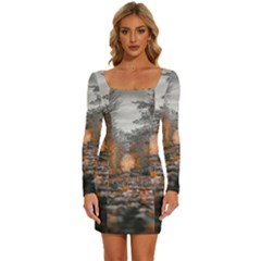 Breathe In Nature Background Long Sleeve Square Neck Bodycon Velvet Dress