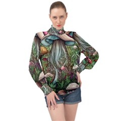 Craft Mushroom High Neck Long Sleeve Chiffon Top by GardenOfOphir