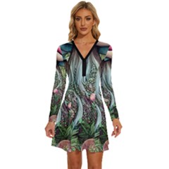 Craft Mushroom Long Sleeve Deep V Mini Dress  by GardenOfOphir