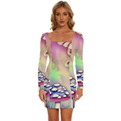 Tiny Forest Mushroom Fairy Long Sleeve Square Neck Bodycon Velvet Dress