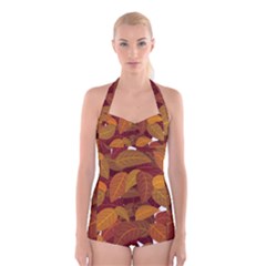 Watercolor Leaves Leaf Orange Boyleg Halter Swimsuit 