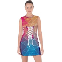 Multicolored Geometric Origami Idea Pattern Lace Up Front Bodycon Dress