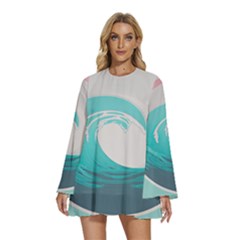 Tidal Wave Ocean Sea Tsunami Wave Minimalist Round Neck Long Sleeve Bohemian Style Chiffon Mini Dress by Pakemis