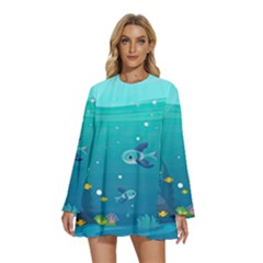 Ai Generated Ocean Sea Fish Aquatic Water Nature 2 Round Neck Long Sleeve Bohemian Style Chiffon Mini Dress by Pakemis